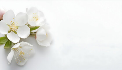 Peaceful atmosphere inspiration, white flowers on a white background surface with empty space