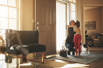 Mom, child and welcome hug in home for greeting with love, relationship care and dog for support. Mama, young girl and excited embrace by front door for hello with pet animal and smile for connection © ReadyAtTheEase/peopleimages.com