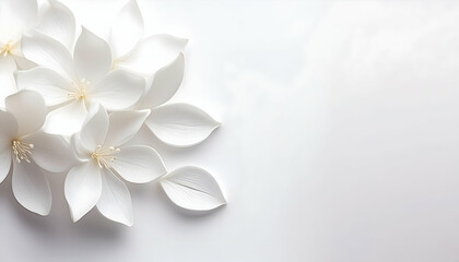 Floral design template, white flowers on a white background surface with empty space