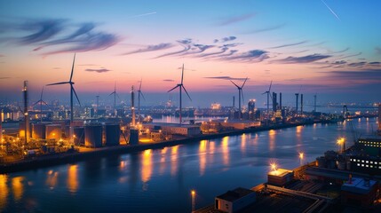 A series of wind turbines providing power to a green tech industrial park during dusk