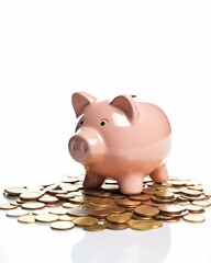 A pink ceramic piggy bank sits on a pile of scattered gold coins, symbolizing savings and financial planning.