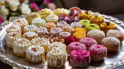 Design a graphic of traditional Eid sweets arranged beautifully on a platter, symbolizing hospitality and celebration.