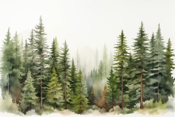 Fototapeta premium A serene watercolor painting of a dense forest with pine trees and mist in the background.