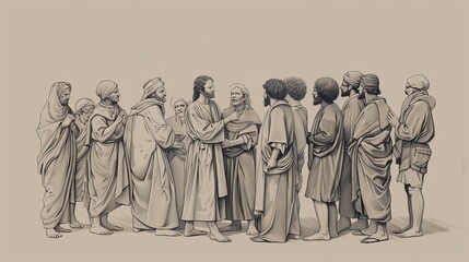 Revelation and Forgiveness in Genesis 45: Joseph Reveals Himself, Reconciliation, Jacob's Invitation - Biblical Illustration on Beige Background with Copyspace for Faith-Based Themes