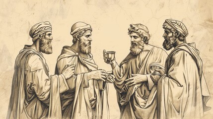 Fototapeta premium Sacrifice and Revelation in Genesis 44: Brothers Tested, Judah's Plea, Joseph's Identity - Biblical Illustration on Beige Background with Copyspace for Faith-Based Themes