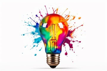 A colorful light bulb with a vibrant paint splash effect surrounding it, symbolizing creativity, innovation, and ideas.