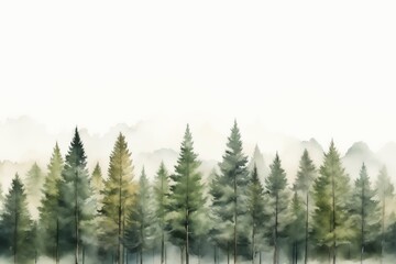 Fototapeta premium A serene watercolor painting of a dense forest with tall trees in varying shades of green, set against a misty white background.