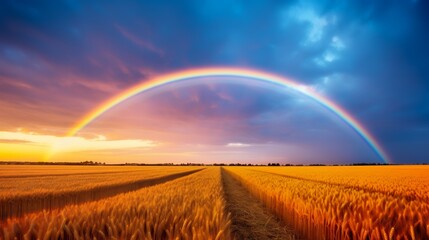 Naklejka premium A vibrant rainbow arcs over a golden wheat field at sunset, with dramatic clouds filling the sky.