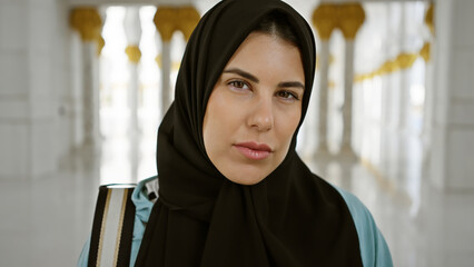 Portrait of a contemplative adult hispanic woman wearing a hijab at an ornate abu dhabi mosque, symbolizing cultural diversity.