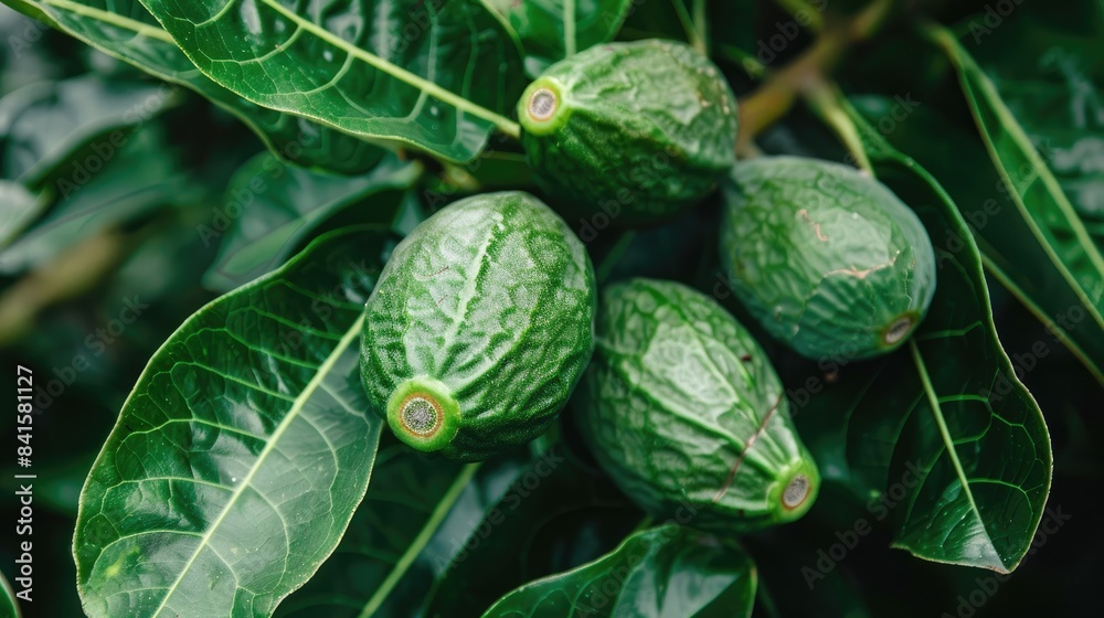 Wall mural ripe and sweet feijoa fruit with fresh leaves - Wall murals