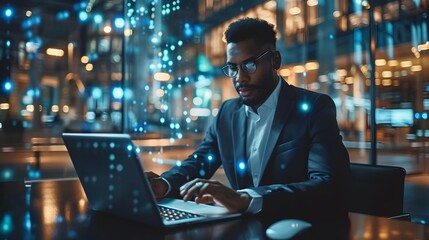 Focused Business Leader Works Diligently in Sleek Tech Enabled Office at Night
