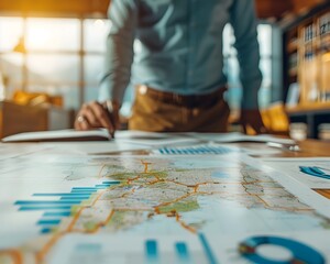 Fototapeta premium Business Leader in Strategic Meeting Reviewing Maps and Graphs for Planning and Visionary Concept