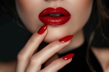 Closeup photo of a woman touching her gloss lips with fashion manicure, concept of cosmetic product show, fashion gel nail polish