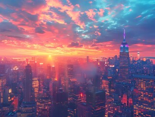 Fototapeta premium Dramatic Cityscape Sunset with Vibrant Skyscrapers and Colorful Sky