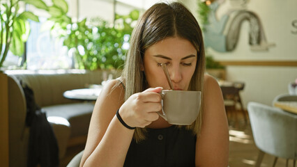A young adult woman enjoys coffee at a cafe, her relaxed demeanor and stylish attire suggesting an...