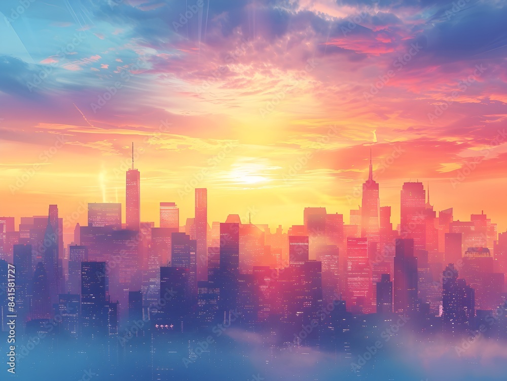 Wall mural Vibrant and Dramatic City Skyline at Sunset with Colorful Glowing Skyscrapers and Horizon