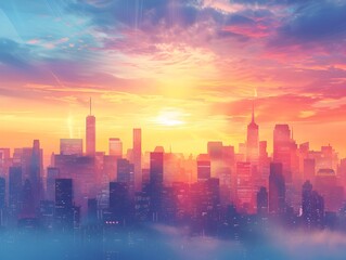 Vibrant and Dramatic City Skyline at Sunset with Colorful Glowing Skyscrapers and Horizon