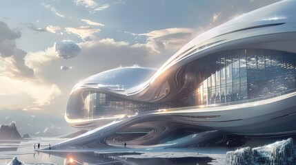 Obraz premium Design a picture of a futuristic building with curved lines and advanced materials, depicting the visionary architecture of tomorrow.