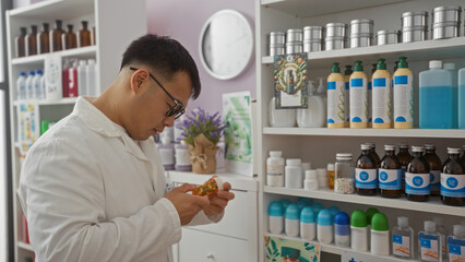 A young, handsome, asian man is closely inspecting a medicine bottle in a well-organized pharmacy,...