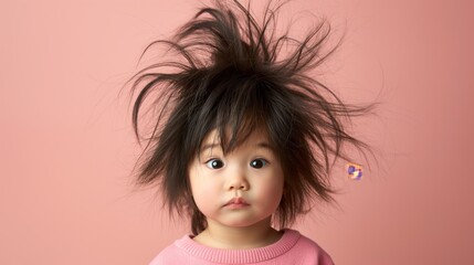 A cute toddler with messy hair has a static electricity effect on a pink background