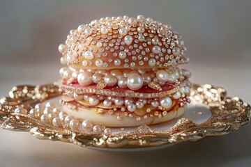 A Culinary Masterpiece Exquisite Gourmet Burger with Pearls and Gold, Served on a Luxurious Plate