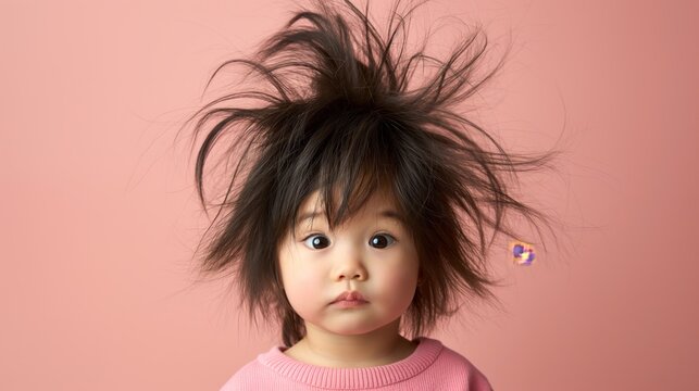 A cute toddler with messy hair has a static electricity effect on a pink background