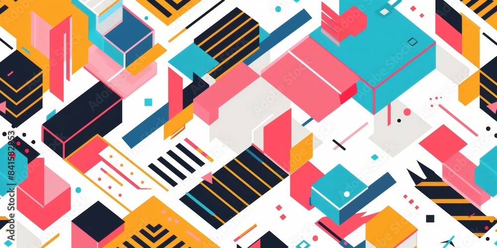 Poster a colorful pattern with geometric shapes and lines, designed in the style of an isometric perspectiv
