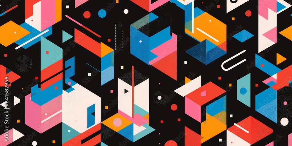 Poster a colorful pattern with geometric shapes and lines, designed in the style of an isometric perspectiv