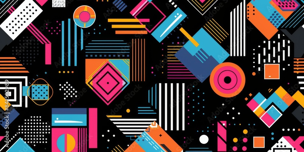Poster a colorful pattern with geometric shapes and lines, designed in the style of an isometric perspectiv