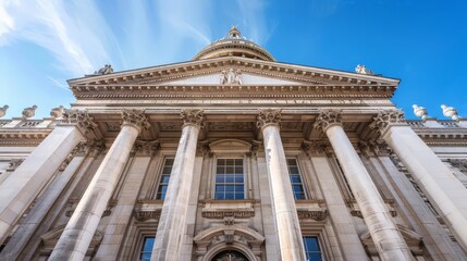 Obraz premium Design a picture of a grand government building with imposing columns and a large dome, symbolizing power and authority.