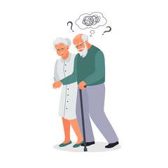 Old man suffer from dementia loss memory. Woman supports confused senior male struggle with Alzheimer disease. Elderly healthcare and medicine concept. Flat vector illustration. Vector illustration