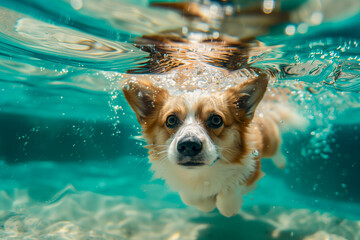 Corgi dog swims underwater, dives