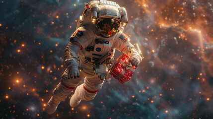 Fototapeta premium Spaceman holding red gift box in space.