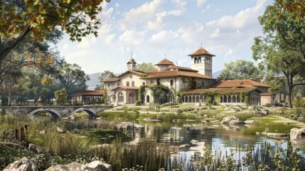 Naklejka premium Design a picture of a peaceful monastery set in a tranquil landscape, emphasizing the serene and spiritual architecture.