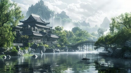 Obraz premium Design a picture of a peaceful monastery set in a tranquil landscape, emphasizing the serene and spiritual architecture.