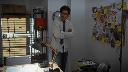 A young man stands with arms crossed in a detective office with evidence board, files and clock.