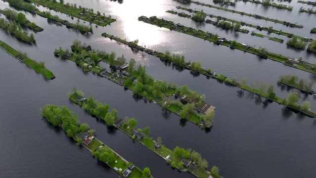 Beautiful and Unique Vinkeveense Plassen in Vinkeveen, The Netherlands. Recreational Calm Islands Aerial Drone Shot