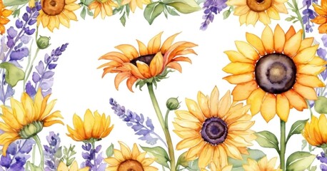 Fototapeta premium watercolor illustrations of sunflowers, daisies, and lavender