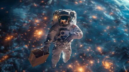 Deliveryman flying in space in astronaut costume.