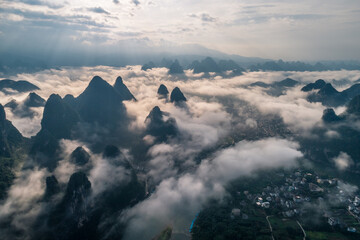 aerial view of Karst mountains with beautiful cloudscape