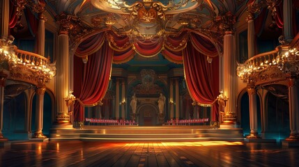 Fototapeta premium Design a scene of a grand opera house with ornate decorations and a majestic stage, showcasing the beauty of performance arts buildings.