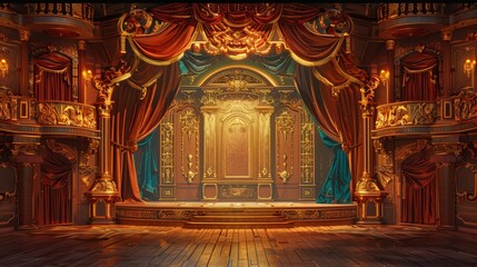 Design a scene of a grand opera house with ornate decorations and a majestic stage, showcasing the...