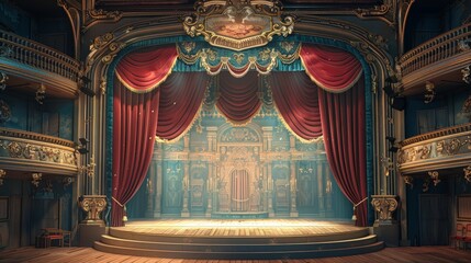 Design a scene of a grand opera house with ornate decorations and a majestic stage, showcasing the beauty of performance arts buildings.