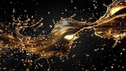 Glittering metallic liquid splashing in dark space, futuristic concept