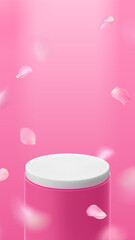 Cylindrical empty stage for product presentation on pink background with rose petals. Vector realistic banner template in romantic style for Valentine Day or International Women Day.