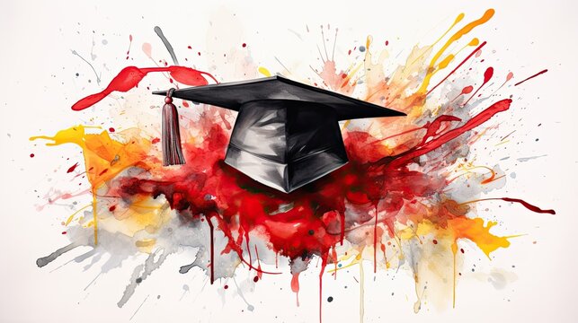 graduation cap and watercolor splashes, illustration