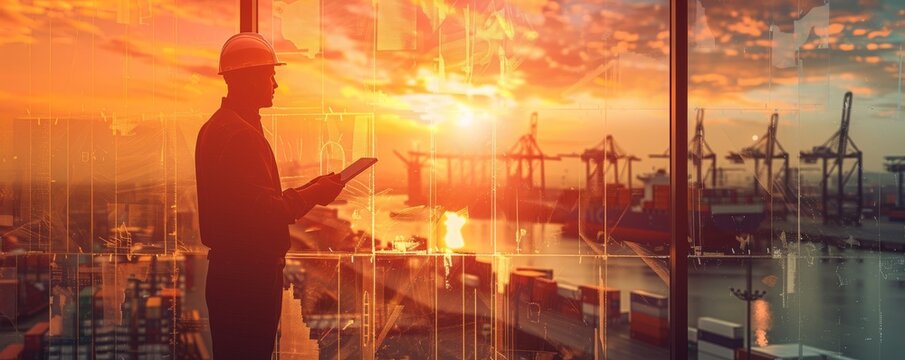 A man is standing in front of a building with a tablet in his hand. The sky is orange and the sun is setting. The man is looking at the tablet, possibly reading or working on something