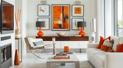 colorful interior background in red orange green and  white color with empty frame on the background with colorful wall designing 