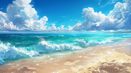 Summer beach scene with white clouds and blue ocean waves