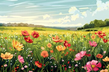 Spring wildflowers bloom in lush meadow